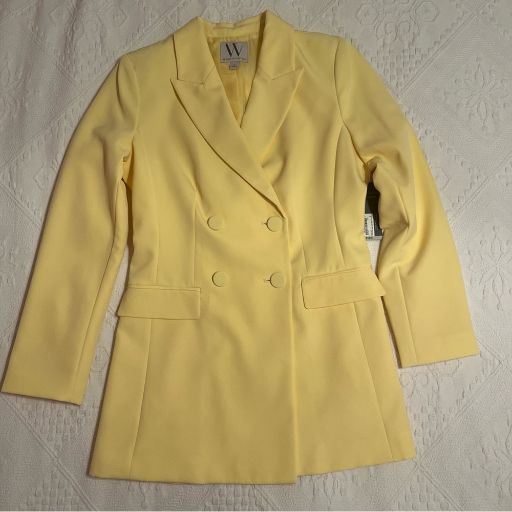 Long Blazer Shoulder Pads Buttery Bright Yellow Double Breasted Buttons Women 4